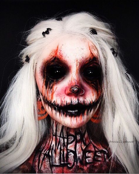 Halloween Monster Makeup, Spooky Halloween Makeup Looks, Scary Clown Costume Women Face Makeup, Pumpkin Clown Makeup, Clown Makeup Horror, Zombie Sfx Makeup Gore, Gore Clown Makeup, Gore Halloween Makeup Looks, Sfx Halloween Costumes