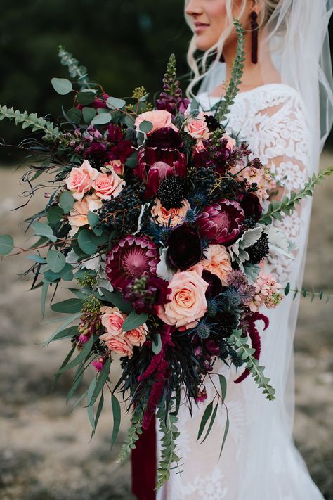 Purple And Coral Wedding, Coral Wedding Bouquet, Fall Wedding Bouquet, Wedding Bouquet Ideas, Dark Wedding, Bouquet Toss, Moody Wedding, Coral Wedding, Fall Wedding Bouquets