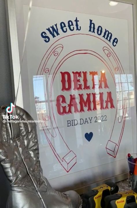 Country Themed Sorority Banner, Bid Day Themes Delta Gamma, Recruitment Marketing Ideas, Welcome To The Big Leagues Bid Day, Big Little Banner Ideas, Delta Gamma Bid Day Themes, Country Bid Day Theme, Chi Omega Banner Ideas, Country Sorority Theme