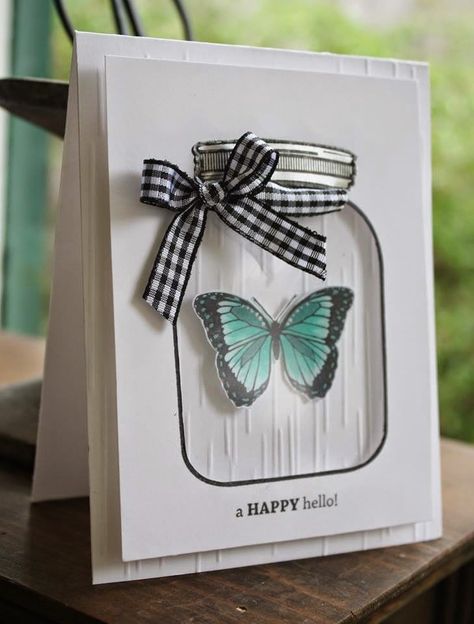 Butterfly In A Jar, Mason Jar Cards, Hello Cards, Summer Cards, Jar Diy, Spring Cards, Shaker Cards, Butterfly Cards, In A Jar