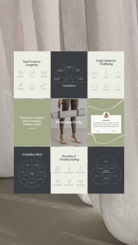 Transform your Instagram into a wellness haven with this template pack designed for wellness coaches, health coaches, and fitness coaches who want to create more engaging and effective social media content. Whether you're sharing inspirational quotes, or healthy eating tips, these Canva templates will help you create stunning, on-brand content in no time. Health And Wellness Instagram Feed Ideas, Health Care Instagram Feed, Holistic Wellness Coach, Yoga Social Media Design, Wellness Instagram Post Ideas, Health Coach Aesthetic, Pilates Social Media, Health And Wellness Instagram Feed, Instagram Post Design Creative