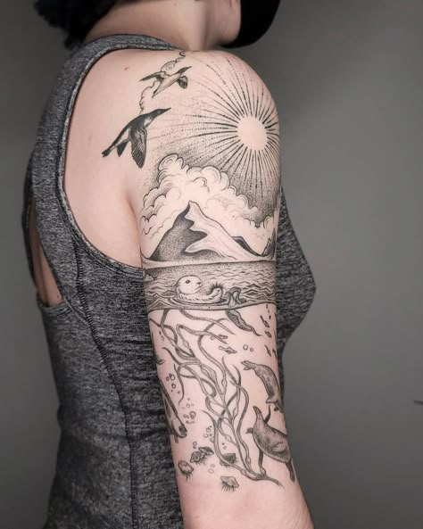 Sea Leg Tattoos For Women, Mountain Ocean Arm Band Tattoo, Half Sleeve Upper Arm Tattoos For Women, Leg Sleeve Ocean, Ocean Tattoos Sleeve Underwater, Upper Arm Tattoo Sleeve, Woman Half Sleeve Tattoo, Upper Arm Sleeve Tattoo Women, Sea Sleeve Tattoo