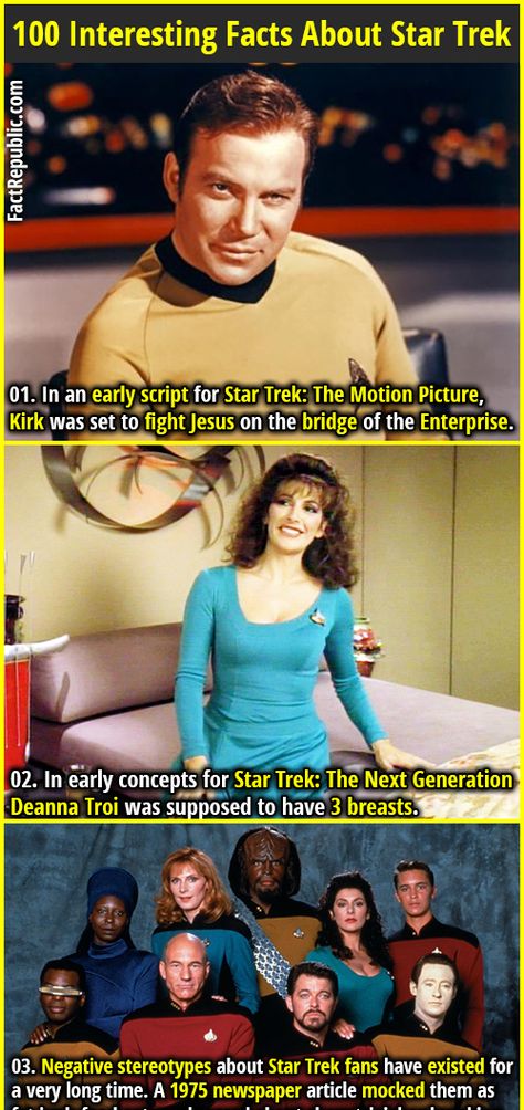 1. In an early script for Star Trek: The Motion Picture, Kirk was set to fight Jesus on the bridge of the Enterprise. 2. In early concepts for Star Trek: The Next Generation Deanna Troi was supposed to have 3 breasts. Male Background, Star Trek Jokes, Star Trek Bridge, Star Trek The Motion Picture, Film Facts, Deanna Troi, Star Trek Show, Fact Republic, Background Characters