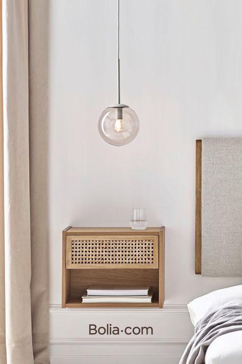 Bedside table in an iconic and light decor Wall Hanging Bedside Tables, Floating Bedside Tables Bedroom, Small Wicker Bedside Table, Floating Lights Bedroom, Bed Side Table Floating, Floating Bedroom Side Tables, Wicker Bedside Table, Floating Bedside Table Ideas, Floating Side Table Night Stands