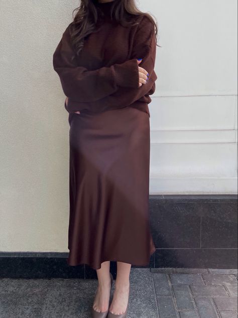 Chocolate silk skirt with a chocolate sweater Brown Satin Dress Winter, Chocolate Skirt Outfit, Brown Silk Skirt Outfit, Chocolate Sweater, Silk Skirt Outfit, Brown Silk Dress, Silk Skirts, Skirt Aesthetic, 2023 Outfits