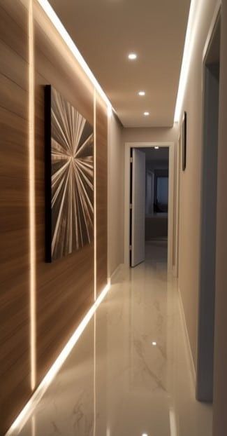 Modern Corridor Design Home, Coridorio Design Home, Corridor Lighting Home, House Corridor Design, Corridor Ceiling Design, Corridors Design Home, Pop Design For Hall, Simple Ceiling Design, Down Ceiling Design