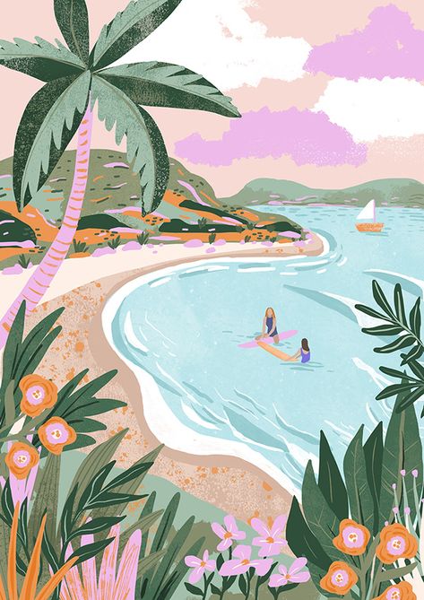 Julia Cornelius - Illustrations Ocean Illustration Wallpaper, Illustration Art Beach, Mar Wallpapers, Beach Theme Illustration, Beachy Aesthetic Illustration, Beach Scene Illustration, Tropical Beach Illustration, Farm Mural, Beach Graphics