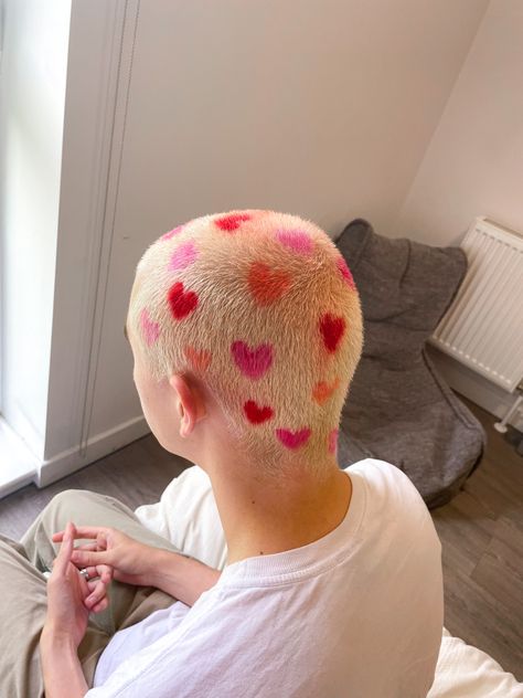 a shaved head with a heart pattern dyed into it. Hair, Dyed Hair, Shaving, Pink, Shaved Dyed Hair, Hair Dyed