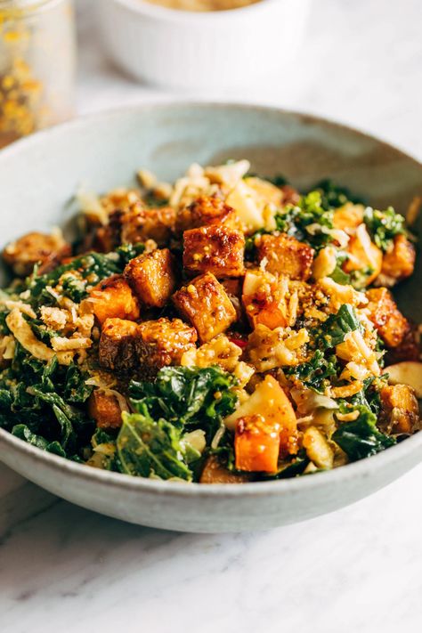 Mustard Tempeh, Tempeh Bowl, Vegan Bowl Recipes, Vegan Tempeh, Massaged Kale, Fall Vegan Recipes, Tempeh Recipes, Maple Mustard, Tofu Dishes