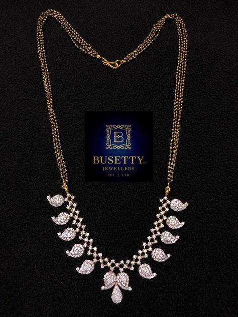 Multi strand nallapusalu chain with mango pendant studded with cz stones by Busetty Jewellers. mangalsutra chain models Mango Design, Mangalsutra Design, Zardosi Work, Black Beads Mangalsutra, Black Beads Mangalsutra Design, Diamond Pendants Designs, Diamond Mangalsutra, German Silver Jewelry, Gold Mangalsutra Designs