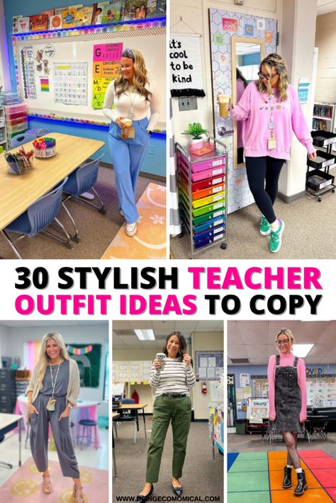 Teacher Outfits Blue Pants, Cute Comfortable Teacher Outfits, Teacher School Outfits, Cute And Comfy Teacher Outfits, First Day Of School Outfit For Teachers, Casual Teacher Outfit Ideas, Easy Casual Work Outfits, Legging Teacher Outfits, School Staff Outfits