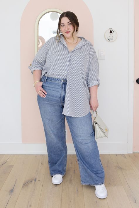 Diana Dares, Comfy Chic Outfits, Casual Plus Size Outfits, Striped Boyfriend Shirt, Big Size Fashion, Wide Leg Jeans Outfit, Plus Size Chic, Look Office, Plus Size Looks