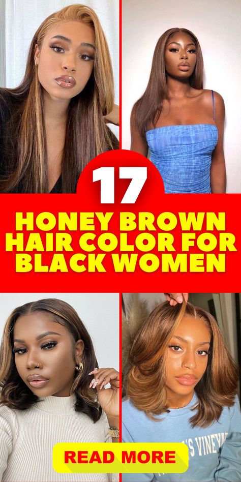 Discover the allure of honey brown hair color on black women. Whether you have short hair or long locs, this natural shade adds warmth and depth to your tresses. Embrace your natural curls and let the honey brown hues shine through. With its versatility and natural appeal, this hair color is perfect for black women looking to enhance their dark skin tones in a subtle and beautiful way. Balayage, Highlight Honey Blonde Hair, Partial Highlights For Black Women, Blonde Highlights On Dark Skin Women, Chocolate Blonde Hair Black Women, Dark Skin Highlights Hair, Chocolate Hair Black Women, Caramel Blonde Hair On Black Women, Ash Brown Hair Black Women