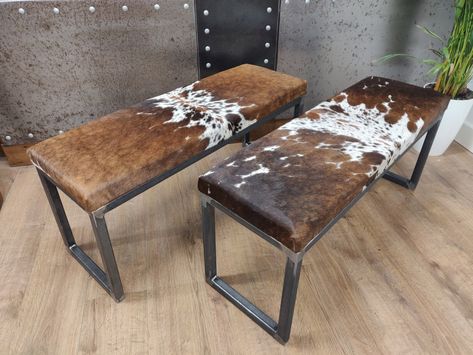 CUSTOM-MADE / BESPOKE Cowhide Topped Steel Bench / Ottoman - Etsy Cowhide Bar Stools, Dressing Table Bench, Cowhide Upholstery, Industrial Seating, Cowhide Bench, Cowhide Decor, Steel Bar Stools, Cowhide Ottoman, Cowhide Chair