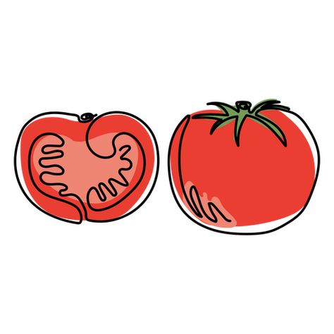 Food continuous line tomato color PNG Design Heirloom Tomato Tattoo, Tomato Line Drawing, Tomato Graphic Design, Tomato Reference, Tomato Doodle, Tomato Logo, Tomato Graphic, Tomato Tattoo, Tomato Vector