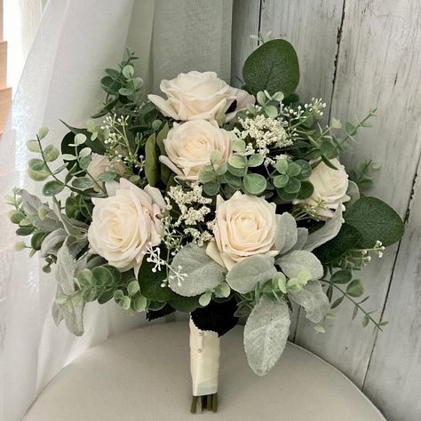 Wedding Bouquet White Roses Eucalyptus, Sage Wedding Flower Arrangements, Green Wedding Bouquets Eucalyptus, Sage Green And Ivory Bouquet, Rustic White And Green Bridal Bouquet, Sage Green And White Bridal Bouquet, Bridal Sunflower Bouquet, Green And Gold Bouquet Wedding, Sage Green Bouquet Wedding Ideas