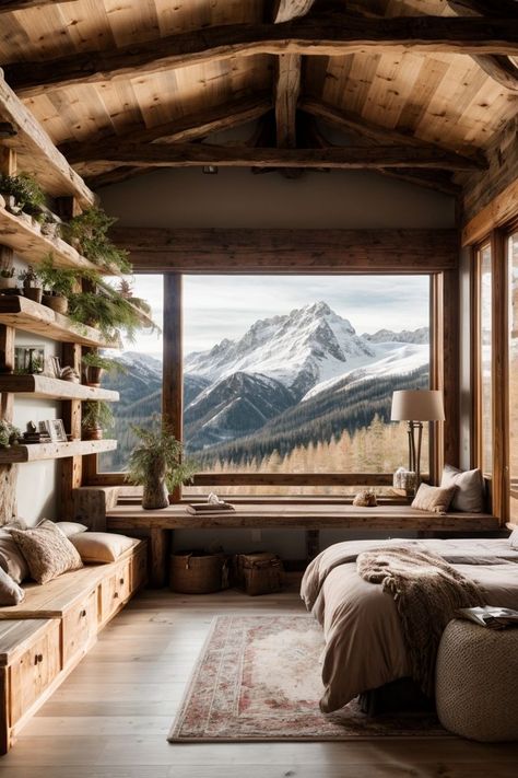 Mountain Cottage Interiors, Modern Mountain Bedroom, Mountain Cabin Interior, Montana Bedroom, Mountain House Bedroom, Rustic Cabin Interior, Winter Hotel, Cabin Interior Ideas, Mountain House Interior