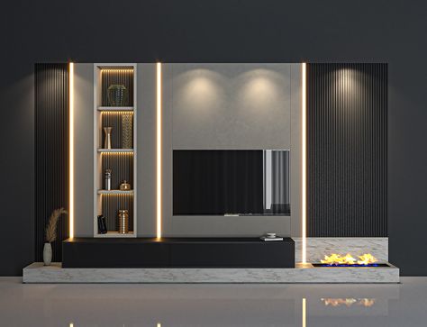 Tv Set 21 on Behance Shelve Accessories, Black Luxury Bedroom, Tv Cabinet Wall Design, Lcd Wall Design, Tv Zone, Tv Cabinet Design Modern, Tv Feature Wall, Book Vase, Modern Tv Room