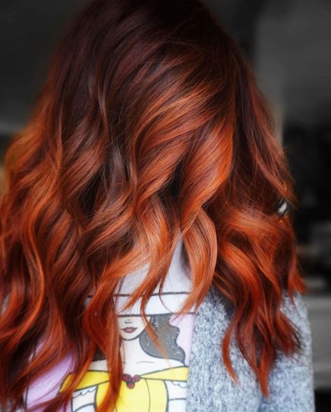 Hot Auburn Hair with Chocolate Crown Copper Hair Orange Highlights, Red And Brown Ombre Hair, Auburn Copper Balayage, Bright Copper Balayage, Copper Red Hair Color Balayage, Edgy Red Hair, Copper Red Balayage, Dark Copper Balayage, Dark Copper Balayage Brunette