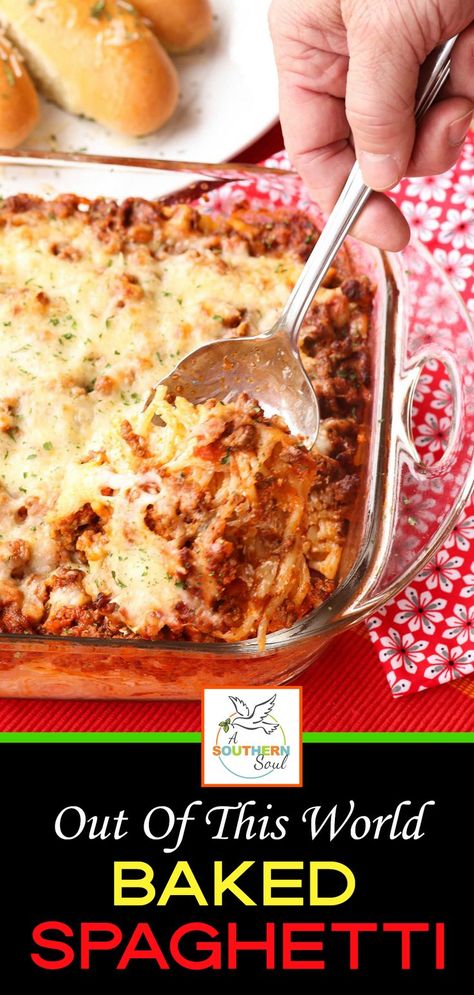 Out Of This World Baked Spaghetti is a one-pan meal that’s always a hit at the supper table or at a covered dish supper. With a creamy, cheesy center, and a meaty sauce, this pasta casserole is comfort food taken to a whole new level! #baked spaghetti #spaghetticasserole #spaghetti #onepanmeal One Pan Spaghetti, Easy Baked Spaghetti, Easy Suppers, A Southern Soul, Baked Spaghetti Recipe, Baked Lasagna, Spaghetti Dinner, Meat Dish, Pasta Casserole