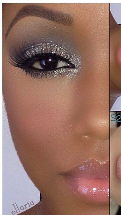 Make Up Looks For Grey Dress, Cheer Comp Eyeshadow, Fun Bridal Makeup Looks, Pewter Eye Makeup, Sliver Eyeshadow Looks Simple, Silver Smokey Eye Makeup Black Women, Grey Eyeshadow Looks On Black Women, Gray Makeup Looks Black Women, Silver Eyeshadow Looks Black Women