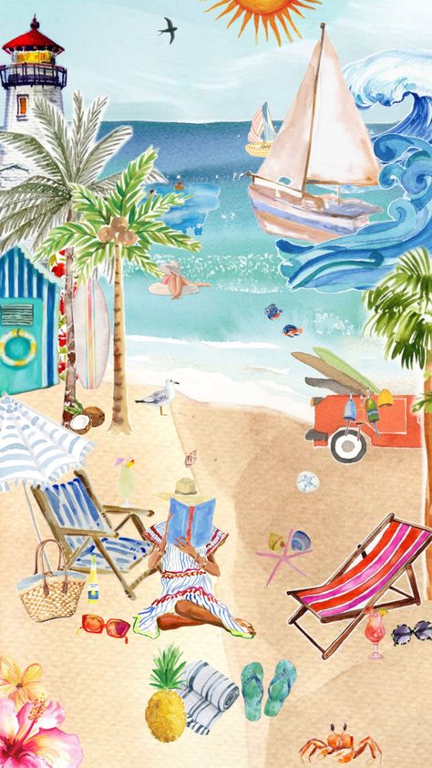 #watercolor #painting #beach #illustration #collage #peaceful #sand #ocean #chair #umbrellas #summer #sea #wave #boats #scene Beach Collage, Illustration Collage, Watercolor Beach, Beach Illustration, Painting Beach, Sea Wave, Beach Watercolor, Beach Scene, Beach Scenes