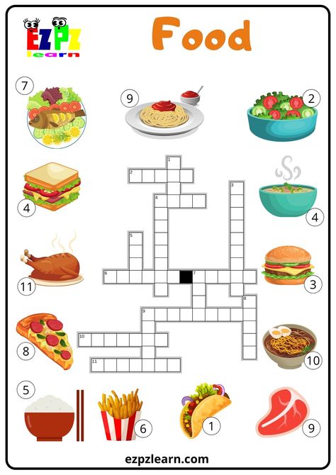 Food Crossword - Ezpzlearn.com Food Crossword, French Breakfast Recipes, Daily Routine Worksheet, Food From Different Countries, Puzzle Worksheet, Diy Science Experiments, Food Vocabulary, Teaching English Grammar, Mc Donald