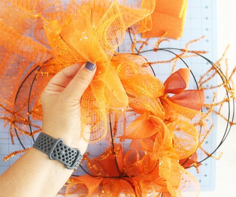 Pumpkin Mesh Wreath Tutorial, Pumpkin Wreaths For Front Door Deco Mesh, Pumpkin Wreath With Ribbon, Tulle Pumpkin Wreath, Deco Mesh Pumpkin Wreaths Diy, How To Make A Halloween Wreath Diy, Pumpkin Wreath Diy Mesh Ribbon, Wire Frame Pumpkin Wreath, Half Pumpkin Wire Wreath