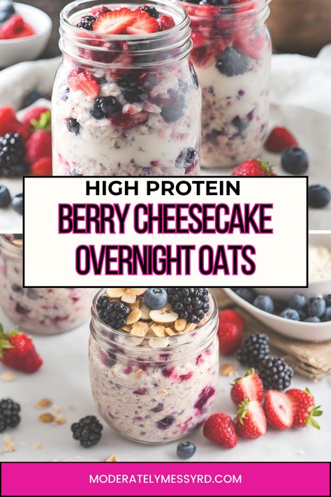 Creamy and delicious berry cheesecake overnight oats with 37 grams of protein and 8g fiber! A healthy yet delicious recipe that feels like you're eating dessert for breakfast. Easy to meal prep for the whole week - and customize with different berries and toppings. Protein Cheesecake Overnight Oats, Strawberry Cheesecake Protein Overnight Oats, Overnight Oats With Fruit And Yogurt, Overnight Oats With Jello Powder, Overnight Oats With Frozen Berries, Overnight Oats With Cheesecake Pudding, Chocolate Cherry Overnight Oats, Overnight Oats Low Calorie High Protein, Blended Overnight Oats Recipe Protein