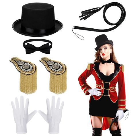 PRICES MAY VARY. Complete Package: the circus costume accessories include 1 faux leather black whip, 1 polyester bow tie, 1 pair of gloves, 1 felt ringmaster hat, and 1 pair of shoulder tassel epaulets, this complete set covers most of the necessary costume accessories needed for a circus themed event One Size Fits Most: our circus costume accessories are designed to fit different sizes, the ringmaster hat is about 4.72 inches/ 12 cm in height, about 22.05-22.83 inches/ 56-58 cm in head circumfe Ring Master Costume Womens, Circus Costume Ideas Women, Ringmaster Hat, Ring Master Costume, Circus Ringmaster Costume, Ring Leader Costume, Lion Tamer Costume, Vintage Circus Costume, Circus Halloween Costumes