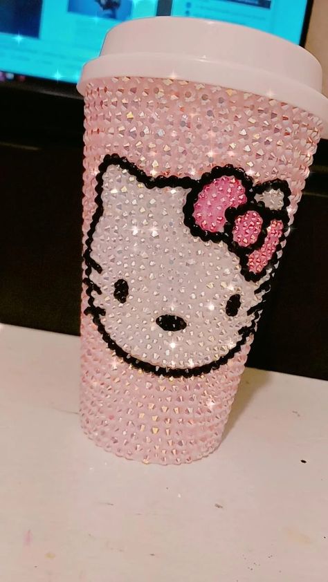 Hello Kitty Custom Cup, Bling Coffee Cups, Blinged Cups, Blinged Out Tumblers, Bling Hello Kitty, Bedazzled Cup, Hello Kitty Tumbler, Hello Kitty Cups, Cute Starbucks Cups