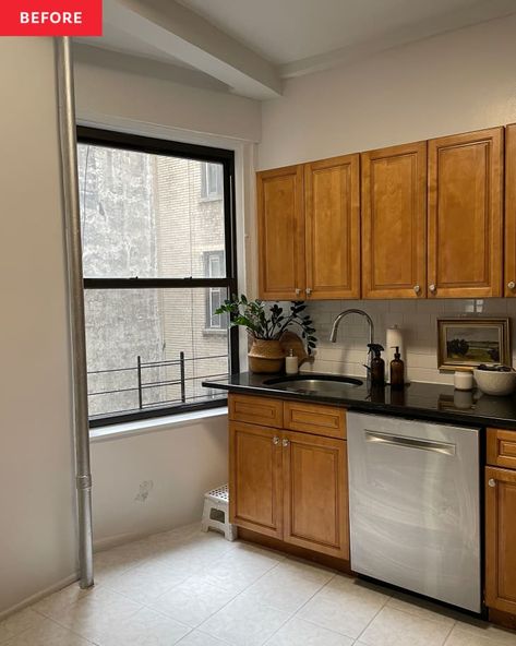 Rental Kitchen Makeover, Builder Grade Kitchen, Cottagecore Kitchen, Rental Kitchen, White Tile Floor, Apartment Makeover, Builder Grade, Spanish Style Home, Tiny House Kitchen