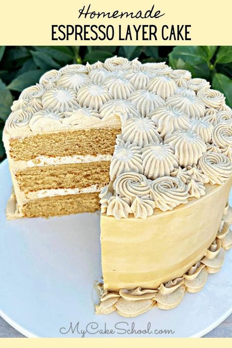 Delicious Homemade Espresso Layer Cake- This recipe is so moist and flavorful! Perfect for coffee lovers! Coffee Layer Cake Recipes, Espresso Martini Cake, Chocolate Cake With Espresso, Toffee Crunch Cake, Coffee Layer Cake, Espresso Cake Recipe, Espresso Whipped Cream, Dessert Auction, Homemade Espresso