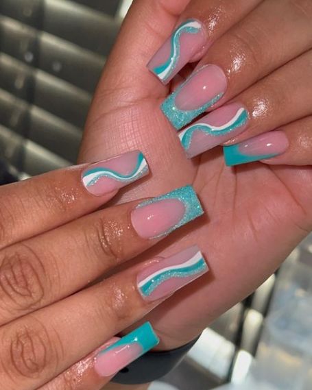 Short Acrylic Nails Turquoise, Aqua Blue Nail Designs, Pale Turquoise Nails, Teal Acrylic Nails Designs, Torquise Nails Turquoise Design, Teal Homecoming Nails, Aqua Blue Nails Turquoise, Tiffany Blue Nails Design Ideas, Turquoise Acrylic Nail Designs