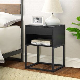 Williston Forge Hilton Square Nightstand | Wayfair Black End Tables Bedroom, Bed Essentials, Black Nightstands, Storing Magazines, Room Clutter, Nightstand Wood, Metal Nightstand, Black Nightstand, Black Bedside Table