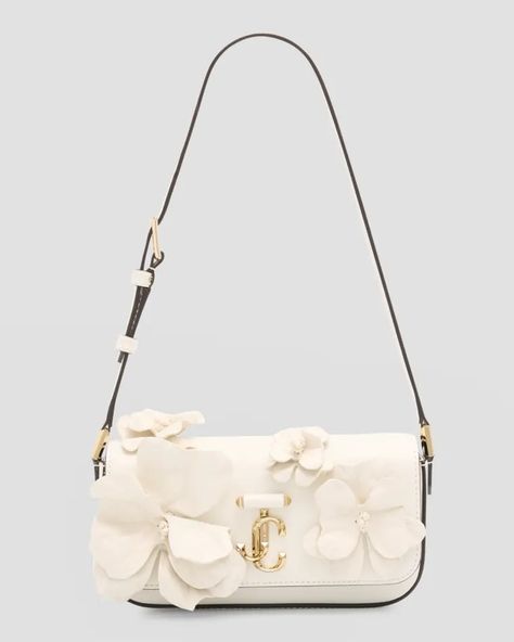 V61KJ Jimmy Choo Avenue Mini Flower Leather Shoulder Bag Womens Designer Bags, Hot Bags, Bag Women Fashion, Jimmy Choo Bag, Handbag Heaven, Patent Leather Heels, Mini Shoulder Bag, Floral Applique, Handbags On Sale