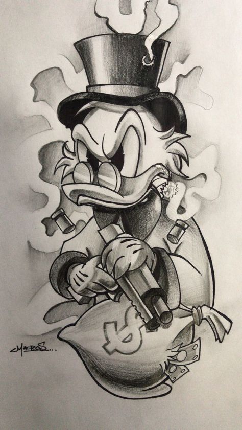 Donald Duck Tattoo Design, Scrooge Mcduck Tattoo, Cartoon Tattoo Designs, Cartoon Tattoo Ideas, Dagobert Duck, Half Sleeve Tattoos Drawings, Cool Tattoo Drawings, Gangsta Tattoos, Money Tattoo