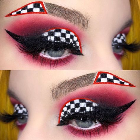 Race Day Makeup, Race Car Makeup Look, Race Car Makeup, Racer Makeup, Lightning Mcqueen Makeup, F1 Makeup, Race Makeup, Checkered Makeup, Greaser Aesthetic