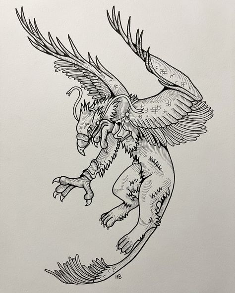 Griffin Tattoo Feminine, Griffin Tattoo Design, Mythical Creatures Tattoo, Mythical Tattoos, Griffin Drawing, Warrior Tattoo Design, Griffin Mythical, Creature Tattoo, Drawing Ink Pen