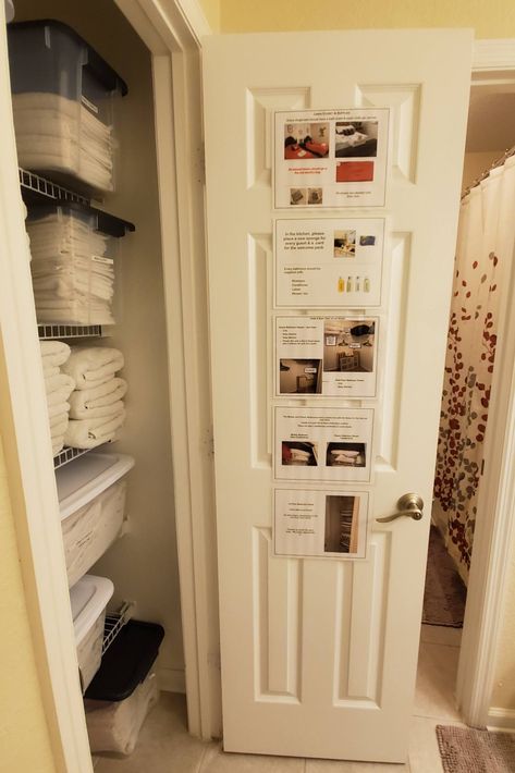 Airbnb Linen Closet, Air Bnb Storage Closet, Airbnb Storage Closet, Airbnb Supply Closet, Airbnb Owners Closet Organization, Vacation Rental Owners Closet, Airbnb Towel Ideas, Airbnb Storage Ideas, Owners Closet Rental