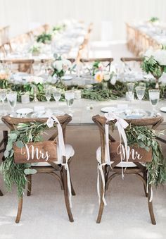 Lush Garland Head Table Centerpiece // mr & mrs chairs signs, rustic, romantic, wedding, farm table, outdoor Rustic Wedding Decorations, Wedding Chair Decorations, Garden Photography, Head Table, Chair Decorations, Wedding Chairs, Sweetheart Table, Wedding Deco, Romantic Weddings