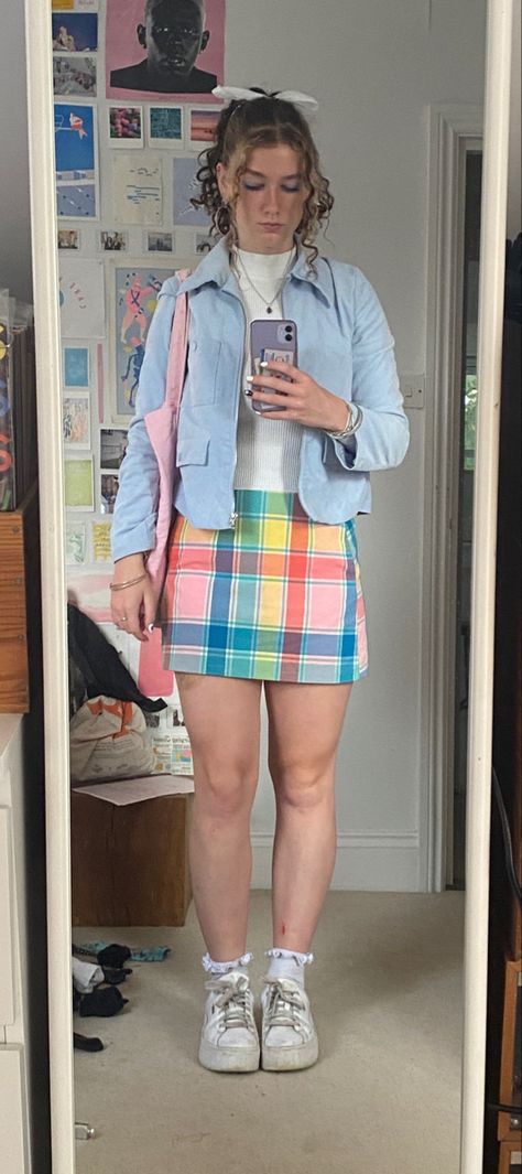 Light Pink Mini Skirt Outfit, Plaid Pink Skirt Outfit, Blue Plaid Skirt Outfit, Business Casual Trendy, Blue Corduroy Jacket, Blue Skirt Outfits, Pink Skirt Outfits, Light Blue Skirt, Martens Outfit