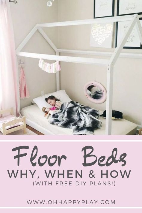 Have you seen Montessori inspired floor beds popping up every where you look? Me too! Why? Because they are awesome, cute and so many other reasons! Head over to the blog for all the reasons to create a floor bed (and HOW TO) for your child! #montessorifloorbed #floorbed #montessoristyle #diyfloorbed #floorbedplans #kidsrooms Floor Beds For Toddlers, Diy Floor Bed, Beds For Toddlers, Floor Bed Toddler, Framed Bed, Floor Beds, Sleep Ideas, Montessori Floor Bed, Toddler Floor Bed