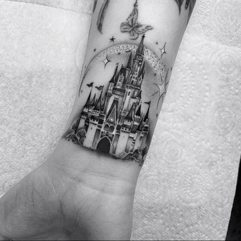 Disney’s Cinderella Castle by Bobby Loveridge, an artist at Churchyard Tattoos in Hitchin, Hertfordshire, England. Tattoo Ideas Black And White, Disney Tattoo Ideas, Cinderella Tattoo, Disney Castle Tattoo, Tattoo Ideas Black, Disney Sleeve Tattoos, Catrina Tattoo, Castle Tattoo, Disney Sleeve