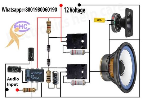 This is an easy amplifier circuit diagram. here used one Ic LM386 as a driver and 2 transistors for amplifier the sound. this is the circuit for learning people. this circuit run with 12 voltage. 2sc5200 is an NPN-positive transistor. and 2sa1943 is a PNP-negative transistor. we also can use another transistor. but need the matched pair transistor. like 2sc2073 and 2as940 also can use here. Lm386 Audio Amplifier, Amplificador 12v, Yamaha Mixer, Amplifier Circuit Diagram, Learning People, First Transistor, Electronics Projects For Beginners, Basic Electronic Circuits, Mini Amplifier