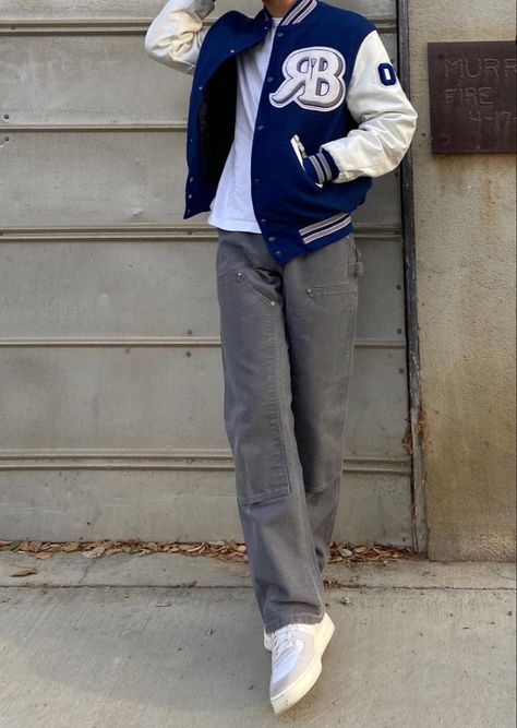 Letter Men Jacket Outfit, Baseball Men Outfit, Male Varsity Jacket Outfit, Blue Varsity Jacket Outfit Men, Baseball Jacket Outfit Men, Baseball Outfits Men, Letter Man Jacket Outfits, Varsity Jacket Outfit Mens, Letterman Jacket Outfit