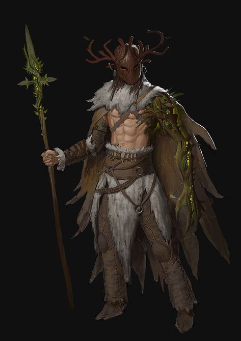 Lost his left arm and a portion of his face after releasing a Blighted Eladrin named Xyreqis from her tree prison (stole the idea for Xyreqis from Hexxus in Ferngully). Now he has been charged by an ancient Satyr to find and re-seal Xyreqis back in her eternal prison (yeah turns out this is one of those creatures that does need to be sealed away as she literally cannot die, an ancient red dragon could burn her to ash and she would just regrow herself in a few hours). Dnd Druid, 다크 판타지, Dungeons And Dragons Characters, Manama, Dnd Art, Fantasy Armor, Arte Fantasy, Fantasy Warrior, Fantasy Concept Art