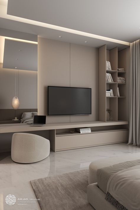 Bedroom Television Ideas, Bedroom Tv Design, Modern Entertainment Room, Flat Design Interior, Bedroom Tv Wall Design, Tv Bedroom, Modern Room Design, Desain Pantry, Home Hall Design