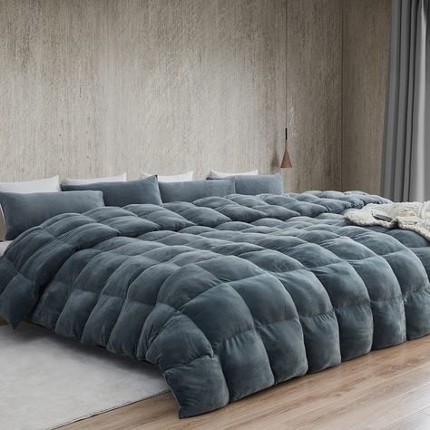 PRICES MAY VARY. Size: King Comforter - 112"W x 98"L, (2) King Shams - 20" x 36" - Weight approx. 31 lbs Material: Cuddly Puppy Plush - 180GSM in Moss Gray Construction: Ultra Thick 1400GSM Down Alternative - Our THICKEST Comforter Ever! Important Information: It can't be overstated just how thick each square of this luxury plush comforter truly is! Such next level comfort feels like laying on a soft cloud covered in a mound of plump puppies. Care Instructions: Machine Washable - Gentle Cycle / Alaskan King Bed, Thick Comforter, Oversized King Comforter, Gray Comforter, Plush Comforter, Puppy Plush, Down Comforters, King Comforter Sets, Pillow Top Mattress