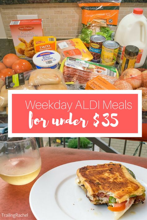 Cheap weekday meals from ALDI for less than $35. What I actually cooked for one week, Monday through Thursday. Week Of Aldi Meals, Aldi Lunch Ideas For Adults, Meals From Aldi, Aldi Dinner Ideas, Thursday Dinner, Weekday Dinner Ideas, Aldi Meals, Cheap Meal Prep, Monday Meals